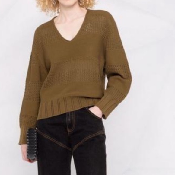 Rag & Bone Faye Stripe V-neck Military Olive Sweater - Picture 3 of 4